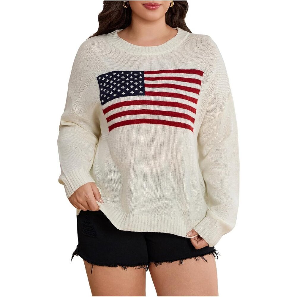 Plus Size American Flag Sweater Women's Long Sleeve Knit Crew Neck - Picture 1 of 5